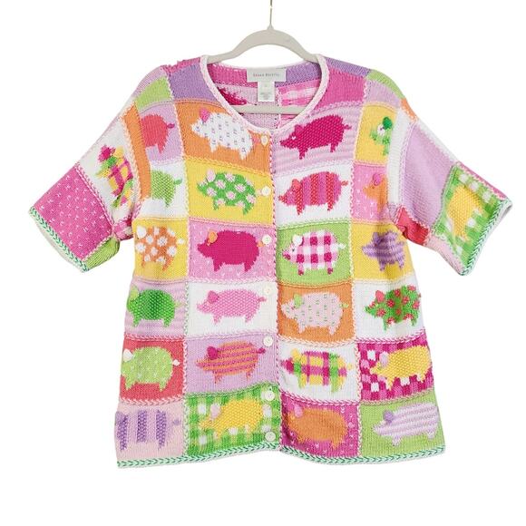 Susan Bristol Womens Vintage Patchwork Pig Knit Cardigan Size Large Pink Farm - Picture 1 of 11